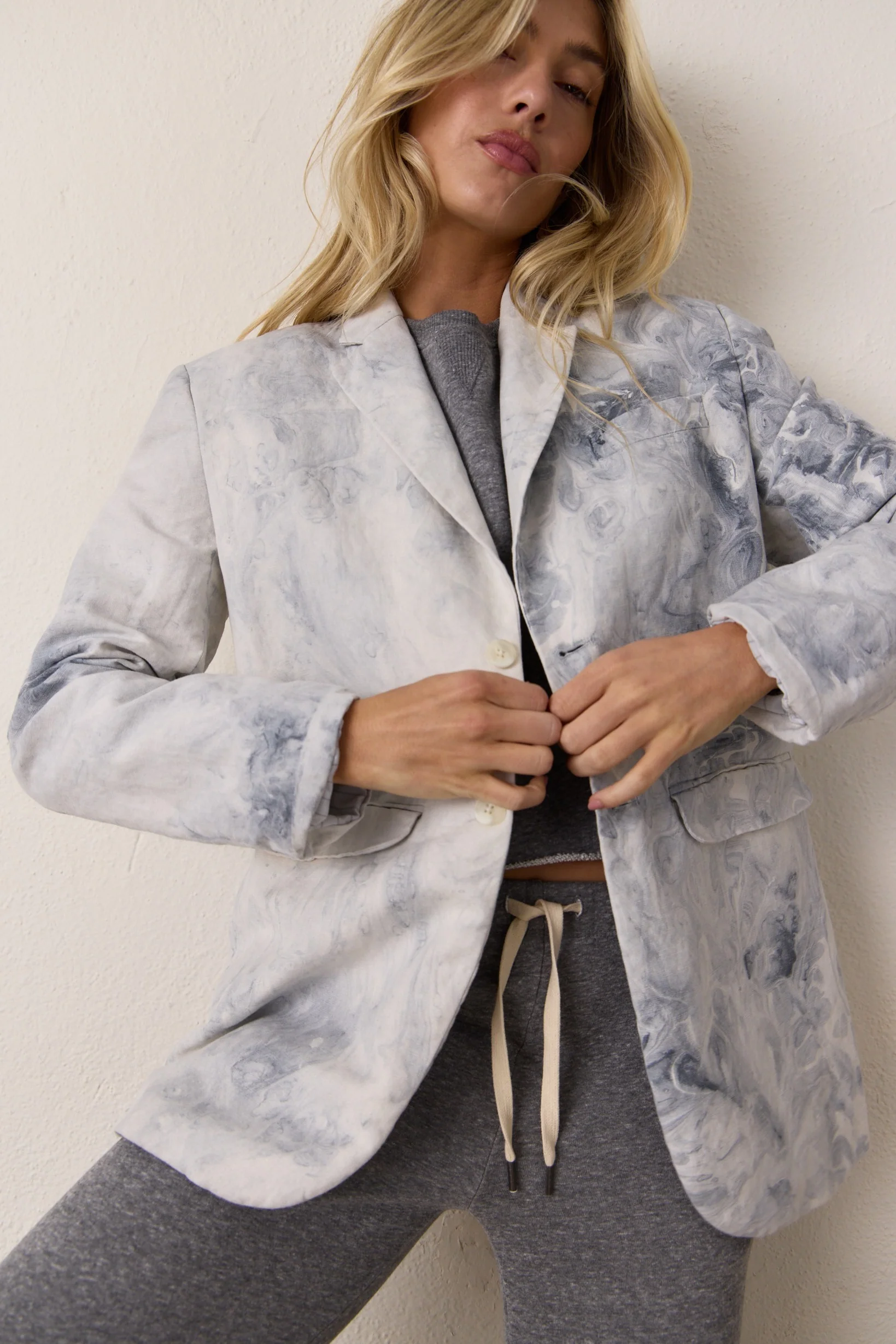 NSF Seville Slouchy Linen Cotton Marbled Blazer - Gray Marble - Renuaun