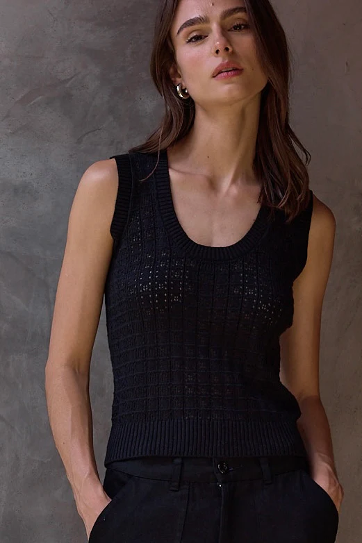 NSF Valeria Viscose Blend Crochet Tank Sweater - Black - Renuaun
