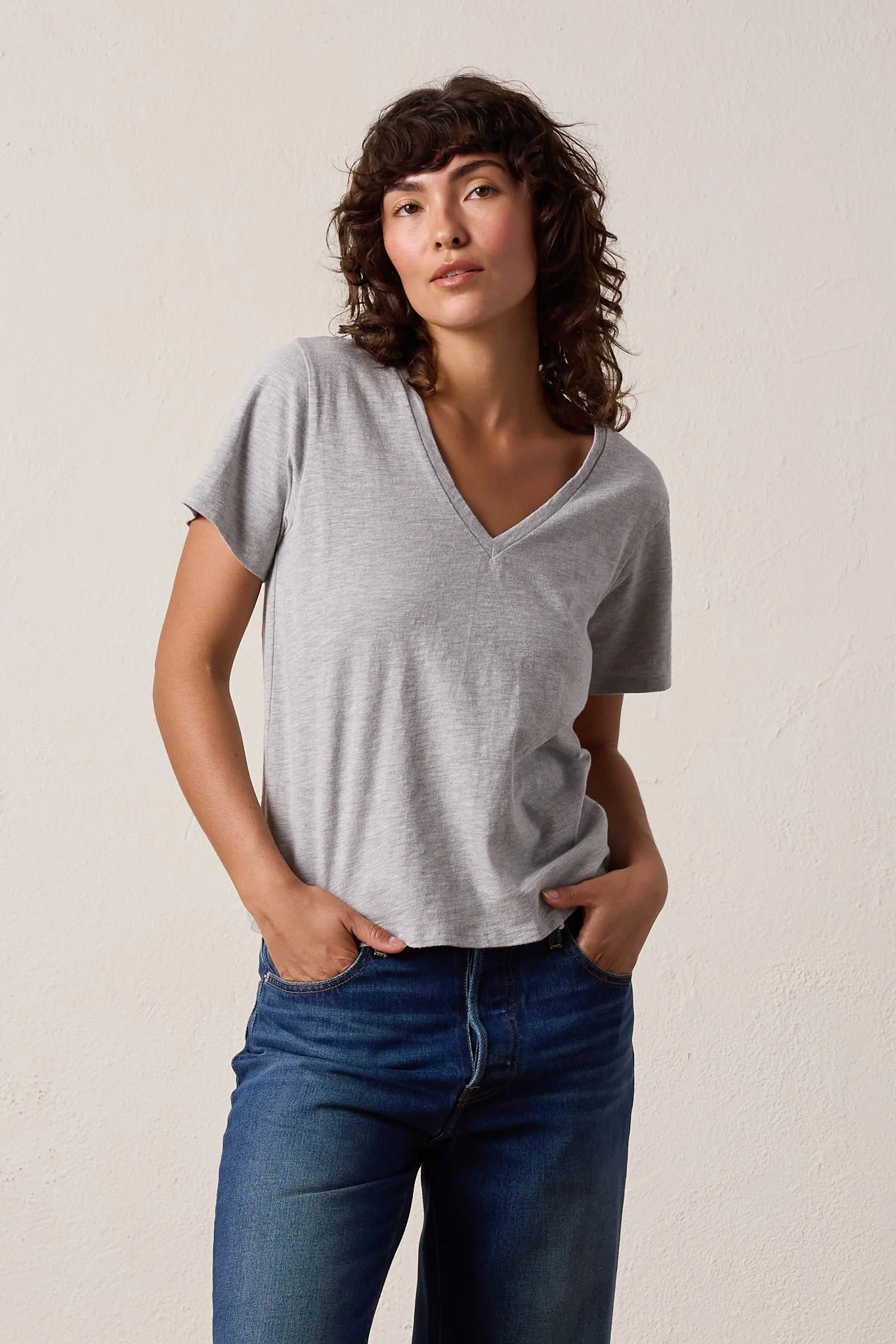NSF Layla Relaxed V Neck Vintage Jersey Tee - Heather Gray - Renuaun