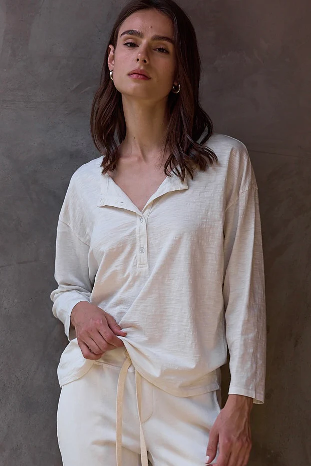 NSF Hazel Boxy Slub Jersey Henley - Soft White - Renuaun